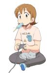  1girl aioi_yuuko blush brown_eyes brown_hair cat closed_mouth controller food full_body game_controller holding holding_controller looking_at_viewer nichijou pants popsicle popsicle_in_mouth shirt short_hair short_sleeves simple_background sitting solo sweatpants t-shirt tsubobot white_background 