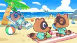  3boys ^_^ animal_crossing ball beachball blue_eyes boat closed_eyes clouds day drinking food footprints green_shirt highres holding leaf_print lying male_focus multiple_boys official_art on_back outdoors palm_tree popsicle purple-framed_eyewear sand sand_castle sand_sculpture seashell shell shirt shore sitting sky sunglasses timmy_(animal_crossing) tom_nook_(animal_crossing) tommy_(animal_crossing) tree water watercraft 