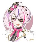  1girl :d absurdres ahoge bow commentary eyepatch hair_bow hakamii highres looking_at_viewer maria_marionette multicolored_hair neck_ribbon nijisanji nijisanji_en open_mouth pink_eyes pink_hair pink_ribbon ponytail purple_hair ribbon signature simple_background sketch smile solo virtual_youtuber 