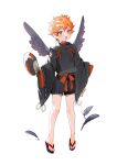  1boy bangs black_wings blush feathered_wings feathers full_body hand_fan highres holding holding_fan japanese_clothes long_sleeves male_focus open_mouth orange_eyes orange_hair original ribbon-trimmed_sleeves ribbon_trim signature simple_background solo tengu white_background wide_sleeves wings wumumu 