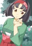  1girl 34_(sanjushi) black_hair brown_eyes closed_mouth erika_(pokemon) hairband headband highres japanese_clothes kimono looking_at_viewer pokemon pokemon_(game) pokemon_lgpe red_hairband short_hair smile solo 