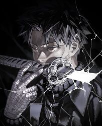  1boy black_hair broken broken_sword broken_weapon cloud_gouger_(sword) commentary_request glowing glowing_weapon holding holding_sword holding_weapon kagurabachi katana lightning male_focus red_eyes rokuhira_chihiro scar short_hair solo sword sword_in_mouth weapon wissuu8 