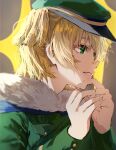  1girl backlighting bangs blonde_hair blue_cape blurry breast_pocket brown_background cape commentary daiba_nana depth_of_field fingernails fur-trimmed_cape fur_trim green_eyes green_headwear green_jacket grin hair_between_eyes hands_up hat highres jacket long_sleeves looking_away military military_hat military_uniform official_alternate_costume own_hands_together parted_lips peaked_cap pocket shiny shiny_hair short_hair short_twintails shoujo_kageki_revue_starlight smile solo sorano_(azu_mine) sparkle_background twintails uniform upper_body 