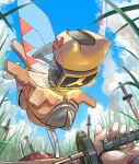  clouds commentary_request day from_below mukiguri ninjask outdoors planted planted_sword pokemon pokemon_(creature) red_eyes shedinja shell sky sword tall_grass weapon 