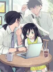  1girl 2boys bags_under_eyes black_hair blush brother_and_sister chair coffee_mug collared_shirt commentary_request computer cup dress father_and_child father_and_son green_eyes green_necktie highres kuroki_tomoki kuroki_tomoko laptop long_hair looking_at_another mug multiple_boys necktie nuka_(nukamochi) open_mouth pants parent_and_child ponytail purple_necktie shirt short_hair siblings sitting smile table watashi_ga_motenai_no_wa_dou_kangaetemo_omaera_ga_warui! watch watch white_shirt 