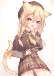  1girl :d animal_ears beret blonde_hair bow braid brown_capelet brown_skirt brown_sweater capelet cat_ears cat_girl cat_tail collared_capelet cowboy_shot gradient_eyes hair_between_eyes hat high-waist_skirt highres isuku_amako long_hair long_sleeves looking_at_viewer low_twin_braids multicolored_eyes natamo_project nateyo_rakai necktie open_mouth orange_eyes plaid plaid_skirt puffy_long_sleeves puffy_sleeves skirt slit_pupils smile solo sweater symbol-only_commentary tail tail_bow tail_ornament thick_eyebrows twin_braids virtual_youtuber wing_collar yellow_bow yellow_necktie 