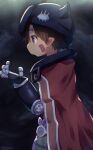  1boy brown_hair cape child clant_st commentary_request dark_skin facial_mark from_side hairband helmet highres looking_to_the_side made_in_abyss male_child male_focus mechanical_arms pointy_ears regu_(made_in_abyss) short_hair solo yellow_eyes 
