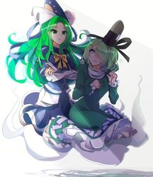  2girls black_headwear blue_headwear blue_shirt blue_skirt bow bowtie closed_mouth commentary cross-laced_clothes crossed_arms dress frilled_dress frills full_body ghost_tail green_dress green_eyes green_hair hair_over_one_eye hat highres kaliningradg long_hair long_sleeves mima_(touhou) multiple_girls ofuda ofuda_on_clothes shadow shirt short_hair simple_background skirt soga_no_tojiko sun_print symbol-only_commentary tate_eboshi touhou touhou_(pc-98) white_background yellow_bow yellow_bowtie 