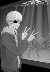  1boy adam's_apple animal aquarium blush chainsaw_man closed_mouth commentary crab denji_(chainsaw_man) double_v drooling eyepatch fingernails highres hood hoodie jacket jacket_over_hoodie japanese_spider_crab male_focus mekill215280 open_clothes open_jacket pants short_hair solo standing untranslatable_commentary v 