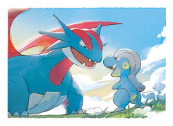  bagon black_eyes border claws clouds commentary_request day eye_contact fangs flower grass looking_at_another no_humans official_art open_mouth outdoors pokemon pokemon_(creature) pokemon_focus salamence sky standing white_border white_flower 