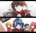  5girls aizawa_kazuha aqua_eyes artist_name assault_lily asymmetrical_hair bangs beret black_headwear blonde_hair blue_eyes blue_hair blunt_bangs blurry blush bow bowtie brown_hair brown_jacket closed_eyes closed_mouth crying crying_with_eyes_open depth_of_field eyepatch eyepatch_lift facing_viewer falling_petals female_pov fingernails floating_hair frilled_shirt frills gradient gradient_background green_eyes grey_background grey_hair grey_ribbon hair_between_eyes hair_bow hair_ornament hair_ribbon hand_to_own_mouth hand_up hat hat_feather hatsukano_you herensuge_girls_academy_school_uniform highres iijima_renka interlocked_fingers jacket jewelry letterboxed long_hair long_sleeves looking_at_viewer multicolored_hair multiple_girls multiple_views nagi_(namae11x) official_alternate_costume outstretched_arm own_hands_clasped own_hands_together parted_lips petals ponytail pov pov_hands reaching_out red_bow red_bowtie red_shirt redhead ribbon ring sasaki_ran school_uniform serizawa_chikaru shirt sidelocks sleeve_cuffs sleeves_past_fingers sleeves_past_wrists smile star_(symbol) star_hair_ornament streaked_hair striped striped_bow striped_bowtie swept_bangs tears white_background white_jacket 