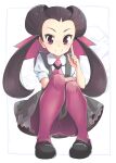  1girl bow brown_hair closed_mouth dress forehead full_body grey_dress hair_bow hair_pulled_back hair_ribbon highres long_hair looking_at_viewer necktie pantyhose pink_pantyhose pokemon pokemon_(game) pokemon_oras red_eyes ribbon roxanne_(pokemon) smile solo thigh-highs twintails ueshita very_long_hair 