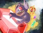  beads coin commentary_request crown crystal from_above gem gold_coin holding lying mukiguri no_humans on_side open_mouth pokemon pokemon_(creature) red_eyes red_gemstone sableye sharp_teeth solo teeth tongue 