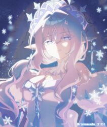  1girl artist_name bare_shoulders breasts closed_mouth colored_eyelashes crystal detached_collar earrings elf expressionless fur_trim gem genshin_impact grey_hair highres jewelry long_hair long_sidelocks medium_breasts pointy_ears raramuda_0101 sidelocks snowflake_background snowflakes symbol-shaped_pupils tsaritsa_(genshin_impact) twitter_username upper_body wavy_hair 