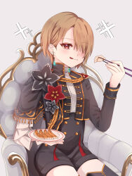  1girl :p black_shirt brown_hair chair chopsticks commentary_request dumpling earrings food hair_over_one_eye heaven_burns_red highres holding holding_chopsticks holding_food holding_plate jewelry kayamori_ruka kayamori_ruka_(the_feel_of_the_throne) military_uniform on_chair one_eye_closed plate r5oaz red_eyes shirt short_hair single_earring sitting tongue tongue_out 