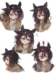  ! 1girl :| animal_ears arm_behind_back black_gloves blush brown_eyes brown_hair closed_mouth coat collared_shirt commentary_request cropped_torso ear_covers feather_hair_ornament feathers gloves gradient_hair hair_between_eyes hair_ornament head_on_hand highres horse_ears horse_girl long_hair low_ponytail multicolored_hair multiple_views nosmi_umachan notice_lines open_mouth ponytail raised_inner_eyebrows scratching_head shirt signature simple_background smile solo stay_gold_(sunlit_outsider)_(umamusume) stay_gold_(umamusume) streaked_hair umamusume white_background white_shirt white_streaks wrist_belt yellow_coat 
