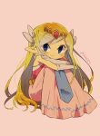 1girl artist_name belt blonde_hair blue_eyes blush dress floating_hair gloves highres jewelry long_dress long_hair multicolored_hair necklace parted_lips pink_dress princess_zelda sitting the_legend_of_zelda the_legend_of_zelda:_spirit_tracks the_legend_of_zelda:_the_wind_waker tokuura