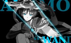  1boy anemo_symbol_(genshin_impact) animal_print arm_on_thigh armor bird_print bishounen black_background blue_eyes blue_gem blunt_ends bodysuit bridal_gauntlets bright_pupils choppy_bangs closed_mouth commentary_request expressionless fingernails furisode gem genshin_impact greyscale hakama hakama_shorts hand_up hat highres japanese_armor japanese_clothes jingasa kimono knee_up kote layered_sleeves looking_at_viewer male_focus mandarin_collar middle_ring monochrome open_hand parody pleated_shorts sava_25254 scaramouche_(genshin_impact) short_sleeves shorts shoulder_peek side_cape solo spot_color variant_set wanderer_(genshin_impact) white_pupils zenless_zone_zero zzz 