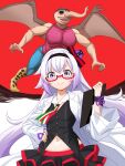  .live 1girl 1other blush carro_pino collarbone commentary_request glasses hat highres kihonmuryou labcoat long_hair looking_at_viewer navel purple_hair red_background smile violet_eyes virtual_youtuber wings 
