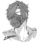 1boy adam&#039;s_apple character_request chikuwa_(dr0603) collared_shirt gas_mask greyscale hair_over_one_eye head_tilt highres looking_at_viewer male_focus mask monochrome one_eye_covered portrait shirt short_hair sideways_glance simple_background solo spot_color tattoo touken_ranbu yellow_eyes 