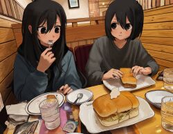  1girl black_hair cup drinking_glass eating food grey_jacket grey_shirt highres indoors jacket long_hair looking_at_another obon_(ensoku_300en) original plate sandwich shirt short_hair sitting 