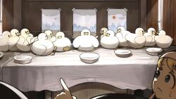  3girls absurdres bird blonde_hair blue_eyes bowl chicken closed_eyes clumsy_nun_(diva) commentary diva_(hyxpk) duck english_commentary fine_art_parody highres little_nuns_(diva) multiple_girls nervous_sweating nun parody sweat table the_last_supper traditional_nun twig 