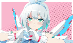  1girl bare_shoulders blue_eyes blue_hair border commentary facial_mark gloves heart heart_hands highres ico_(megaman_x_dive) jetaxl_tanuki mega_man_(series) mega_man_x_(series) mega_man_x_dive pink_background ringed_eyes simple_background solo untranslatable_commentary upper_body white_border white_gloves 