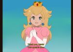  1girl artist_name bangs blonde_hair blue_eyes blue_gemstone border brooch chocomiru closed_mouth crown dress earrings gem happy jewelry long_hair looking_at_viewer non-web_source pink_background pink_dress princess_peach smile solo super_mario_bros. tiara upper_body 