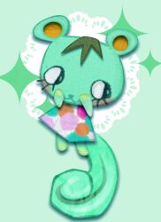  1girl animal_crossing animal_ears commentary dress english_commentary eyelashes green_background green_fur lace minmocat mint_(animal_crossing) polka_dot polka_dot_dress simple_background solo sparkle squirrel squirrel_ears squirrel_girl squirrel_tail tail 