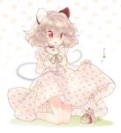  1girl :d animal_ears biyon clothes_lift dress grey_hair lifted_by_self mouse_ears mouse_tail nazrin open_mouth polka_dot red_eyes skirt_hold smile solo tail touhou 