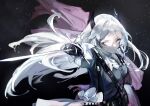  1girl absurdres ammunition_belt arknights black_background black_shirt capelet grey_eyes grey_hair head_wings highres holding holding_weapon irene_(arknights) long_hair rapier saitogiulio scar scar_across_eye scar_on_face shirt sword upper_body weapon white_capelet 