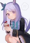  ! !! 1girl :t absurdres animal_ears blue_bow bow crepe eating food food_on_face grey_background highres horse_ears horse_girl horse_tail long_hair looking_at_viewer mejiro_mcqueen_(umamusume) potato_(potato_621) solo spoken_exclamation_mark tail umamusume 