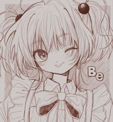 1girl ;p bow bowtie closed_mouth highres looking_at_viewer monochrome one_eye_closed original pepeppepe101 portrait short_twintails solo tongue tongue_out twintails wink