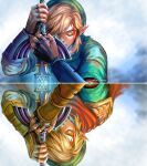  1boy blonde_hair blood bracer closed_eyes cuts fingerless_gloves gloves green_headwear green_tunic highres injury la-sera link master_sword mirror_image pointy_ears the_legend_of_zelda the_legend_of_zelda:_skyward_sword 