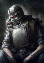  1other absurdres ambiguous_gender arm_rest armor black_background breastplate commentary english_commentary fallout fallout_4 gas_mask hammk highres mask red_assault_visor science_fiction simple_background sitting upper_body vambraces 
