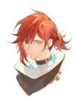  1boy alannoran asymmetrical_hair choker closed_mouth downblouse glint green_eyes hair_over_one_eye high_collar looking_at_viewer male_focus original ponytail portrait redhead simple_background single_sidelock solo turtleneck white_background 