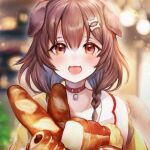  1girl :3 :d animal_collar animal_ears blurry blurry_background bone_hair_ornament bread collar depth_of_field dog_ears food hair_between_eyes hair_ornament highres hololive inugami_korone kyogoku-uru looking_at_viewer smile virtual_youtuber 