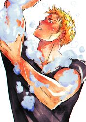  1boy absurdres arm_up black_shirt bleach bleach:_epilogue clip_studio_paint_(medium) clothed_bath commentary english_commentary highres kurosaki_ichigo male_focus orange_eyes orange_hair shirt soap_bubbles solo t-shirt upper_body wet yshjsw 