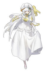  1girl absurdres breasts butterfly_hat_ornament butterfly_ornament dress gloves gutrune hat hat_ornament highres jewelry long_hair looking_at_viewer medium_breasts necklace pearl_necklace princess puffy_sleeves red_eyes remase2642 sekaiju_no_meikyuu sekaiju_no_meikyuu_3 shoes smile solo very_long_hair white_dress white_gloves white_hair white_hat white_shoes 