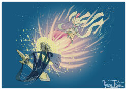  aegislash artist_name attack blawn_z blue_background blue_eyes border commentary energy english_commentary fighting full_body highres holding holding_shield lips medicham mega_medicham mega_pokemon one-eyed open_mouth pokemon pokemon_(creature) pokemon_focus shield simple_background white_border 