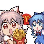 2girls :o bangs blue_bow blue_dress blue_eyes blue_hair bow cirno collared_shirt detached_wings dress fairy flat_chest food french_fries fujiwara_no_mokou hair_between_eyes hair_bow hime_cut holding ice ice_wings jokanhiyou long_dress long_hair lowres mcdonald&#039;s meme multiple_girls neck_ribbon open_mouth pinafore_dress pointing puffy_short_sleeves puffy_sleeves red_eyes red_ribbon ribbon shirt short_hair short_sleeves sidelocks simple_background sleeve_garter sleeves_rolled_up suspenders touhou two_soyjaks_pointing_(meme) very_long_hair white_background white_bow white_hair white_shirt wings