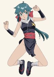  1girl aqua_hair azumaya_koyuki dynamic_pose green_hair h4sh1rnoto highres jumping keroro_gunsou kneeling looking_at_viewer ninja sandals sash scarf short_hair simple_background sleeveless solo wrist_cuffs 