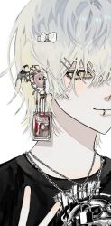  1boy blood blood_bag chain grey_eyes grey_hair hair_between_eyes hair_ornament highres hwikki_11 jewelry looking_at_viewer male_focus necklace original piercing silver_necklace simple_background smile solo v white_background yellow_eyes 