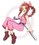  1girl aerith_gainsborough bangs bare_arms boots braid braided_ponytail breasts brown_hair choker curly_hair dress final_fantasy final_fantasy_vii floating full_body green_eyes hair_ribbon holding holding_staff kingdom_hearts long_dress long_hair looking_at_viewer medium_breasts open_mouth parted_bangs pink_dress pink_ribbon purple_belt ribbon sidelocks smile solo staff tooru_(jux) white_background 