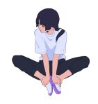  1girl black_pants hibike!_euphonium highres kamo_kamen kousaka_reina long_hair looking_back pants parted_lips ponytail purple_hair shirt shoes sitting sneakers solo stretching t-shirt violet_eyes white_background white_footwear white_shirt 