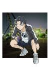  1boy absurdres asagaya_(colcol) black_eyes black_hair black_jacket blurry blurry_background can commentary drink highres holding holding_drink jacket long_sleeves male_focus outdoors photo_background print_shirt shirt shoes short_hair shorts sneakers soda_can solo squatting watch watch white_footwear yamori_kou yofukashi_no_uta 