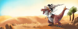  1girl absurdres anklet black_hair black_shirt blawn_z blue_sky brown_cape cape claws closed_mouth commentary day desert dinosaur english_commentary grey_shorts highres holding holding_reins jewelry on_head open_mouth outdoors pokemon pokemon_(creature) pokemon_omega_ruby_and_alpha_sapphire pokemon_on_head reins riding riding_pokemon sharp_teeth shirt short_hair shorts sitting sky teeth torn_cape torn_clothes tree tyrantrum whismur zinnia_(pokemon) 