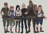  2girls 4boys armor bandana bare_shoulders barret_wallace biggs_(ff7) black_hair black_thighhighs blonde_hair blue_eyes breastplate brown_eyes brown_footwear brown_hair cloud_strife crossed_arms dark-skinned_male dark_skin detached_sleeves final_fantasy final_fantasy_vii final_fantasy_vii_remake fingerless_gloves full_body gloves headband jessie_rasberry long_hair looking_at_another multiple_boys multiple_girls red_bandana red_eyes red_footwear red_headband shillo shirt shorts shoulder_armor skirt sleeveless sleeveless_turtleneck spiky_hair standing sunglasses suspender_skirt suspenders sweater t-shirt tank_top thigh-highs tifa_lockhart turtleneck turtleneck_sweater vest wedge_(ff7) white_tank_top 