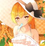  1girl 271 bakemonogatari bangs bare_shoulders blonde_hair bow dress floral_background flower food food_in_mouth frilled_dress frills hat highres monogatari_(series) oshino_shinobu patterned_clothing popsicle popsicle_in_mouth solo sun_hat sunflower yellow_eyes 
