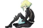  1boy bangs biker_clothes black_footwear boots closed_mouth earrings from_side green_hair hair_between_eyes highres jewelry lio_fotia looking_at_viewer male_focus otoko_no_ko profile promare simple_background sitting solo violet_eyes white_background wumumu 